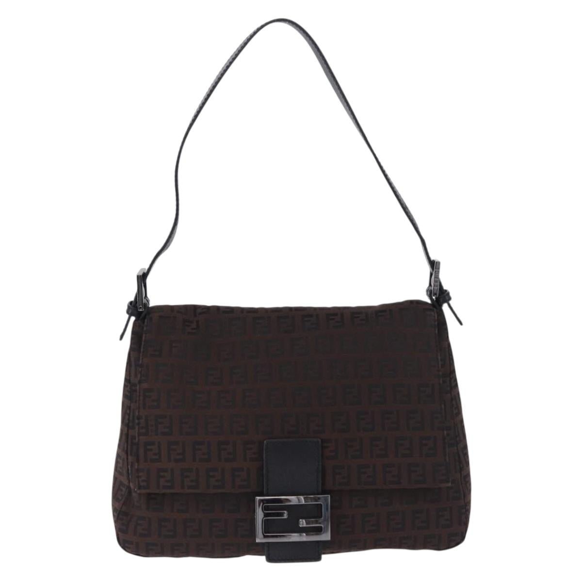 FENDI Zucchino Canvas Mamma Baguette Shoulder Bag Brown Silver Auth 195389V