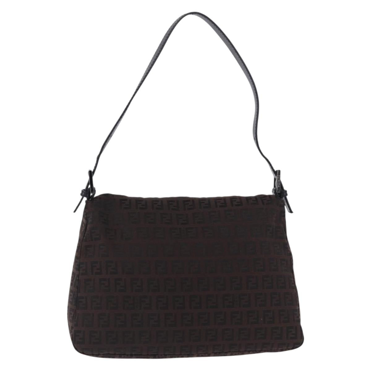 FENDI Zucchino Canvas Mamma Baguette Shoulder Bag Brown Silver Auth 195389V