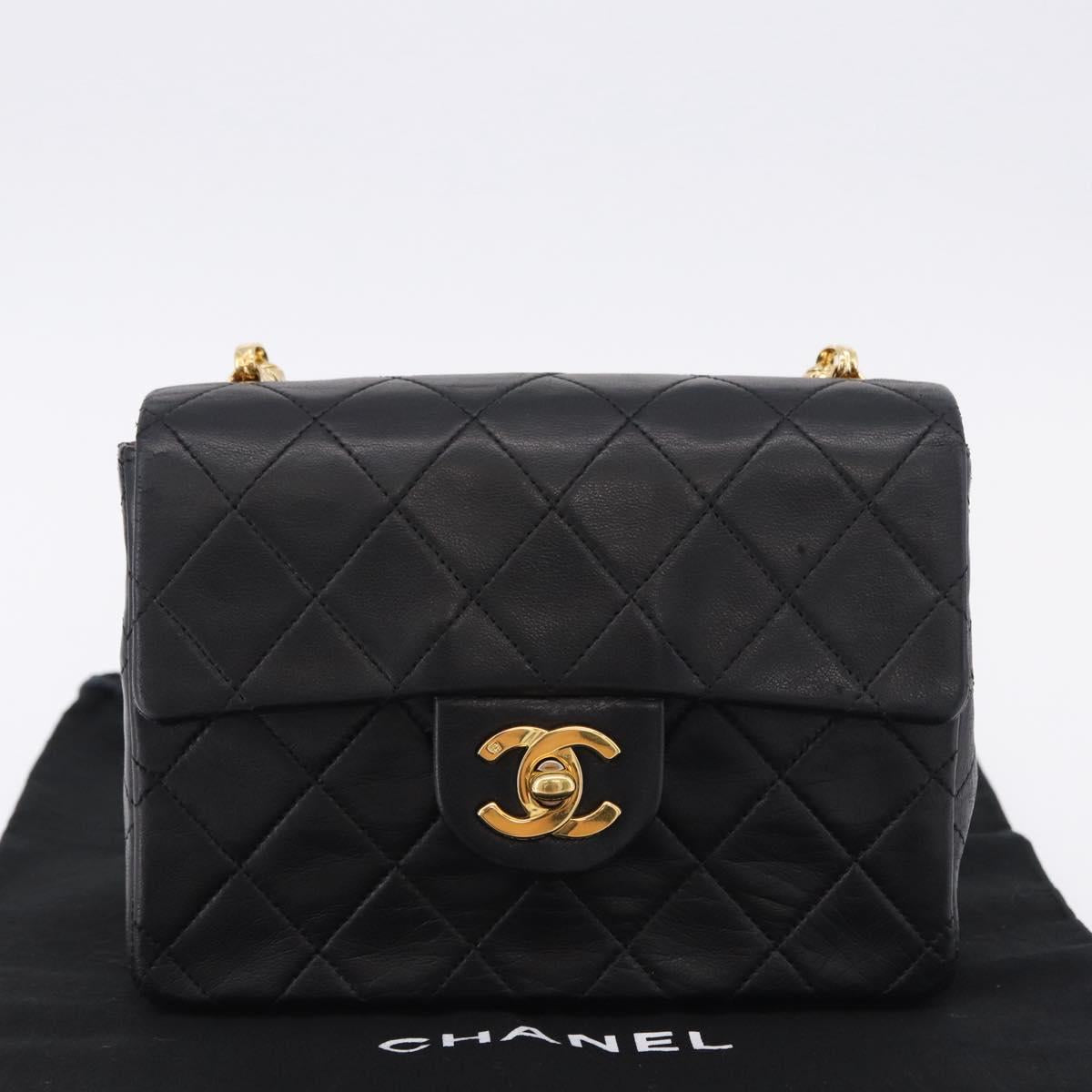 CHANEL Chain Mini Matelasse Shoulder Bag Lamb Skin Black Gold CC Auth 195391SAV