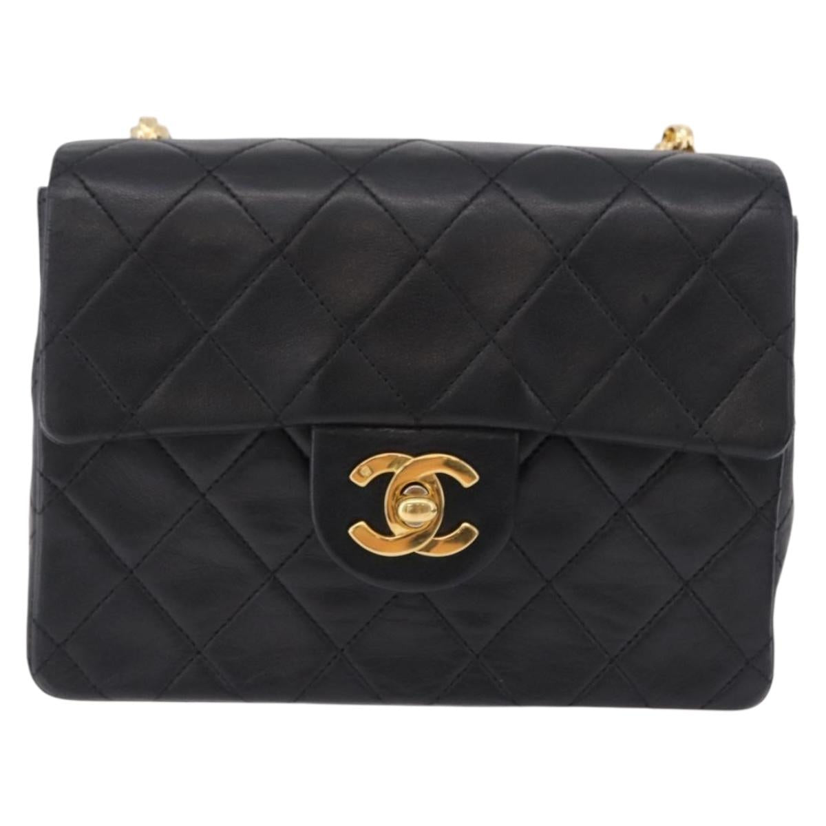 CHANEL Chain Mini Matelasse Shoulder Bag Lamb Skin Black Gold CC Auth 195391SAV
