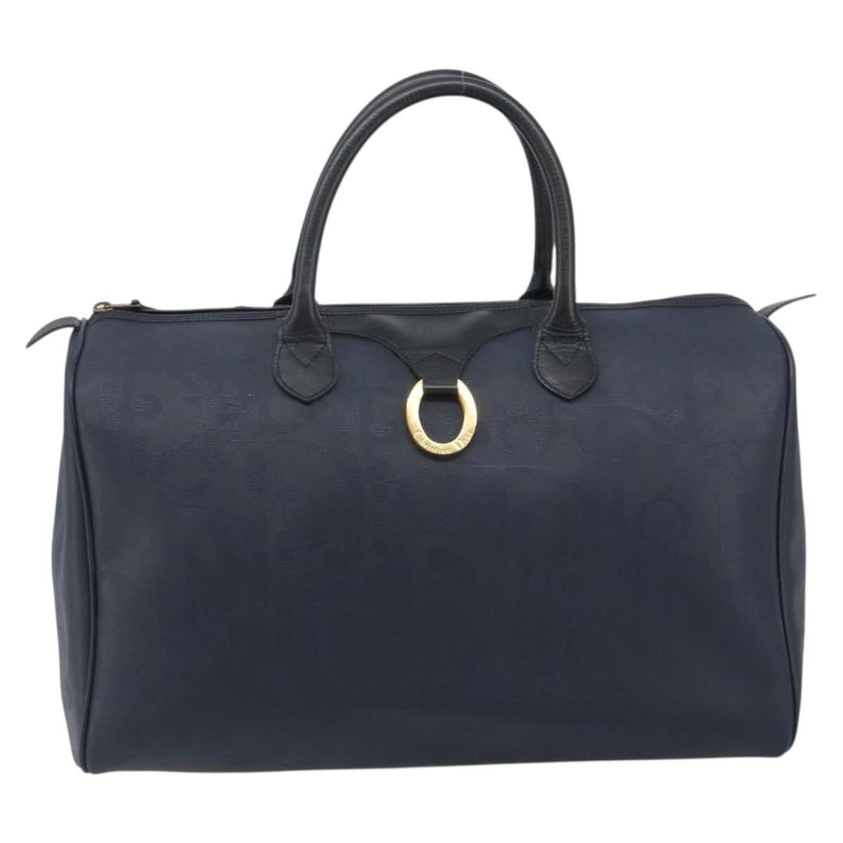 Christian Dior Trotter Boston Bag PVC Leather Navy Gold Tone Auth 195399A