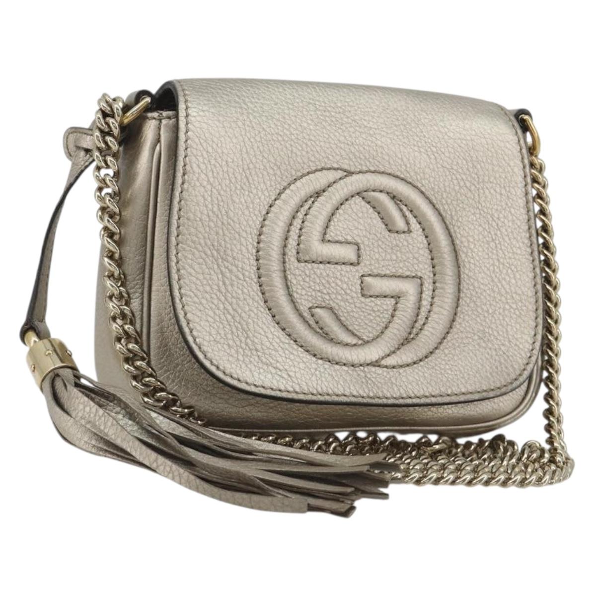 GUCCI Soho Chain Shoulder Bag Leather Silver Gold Tone 323190 Auth 195411V