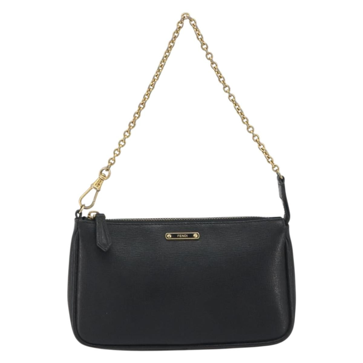 FENDI Accessory Pouch Leather Black Gold Tone 8M0271 Auth 195418A