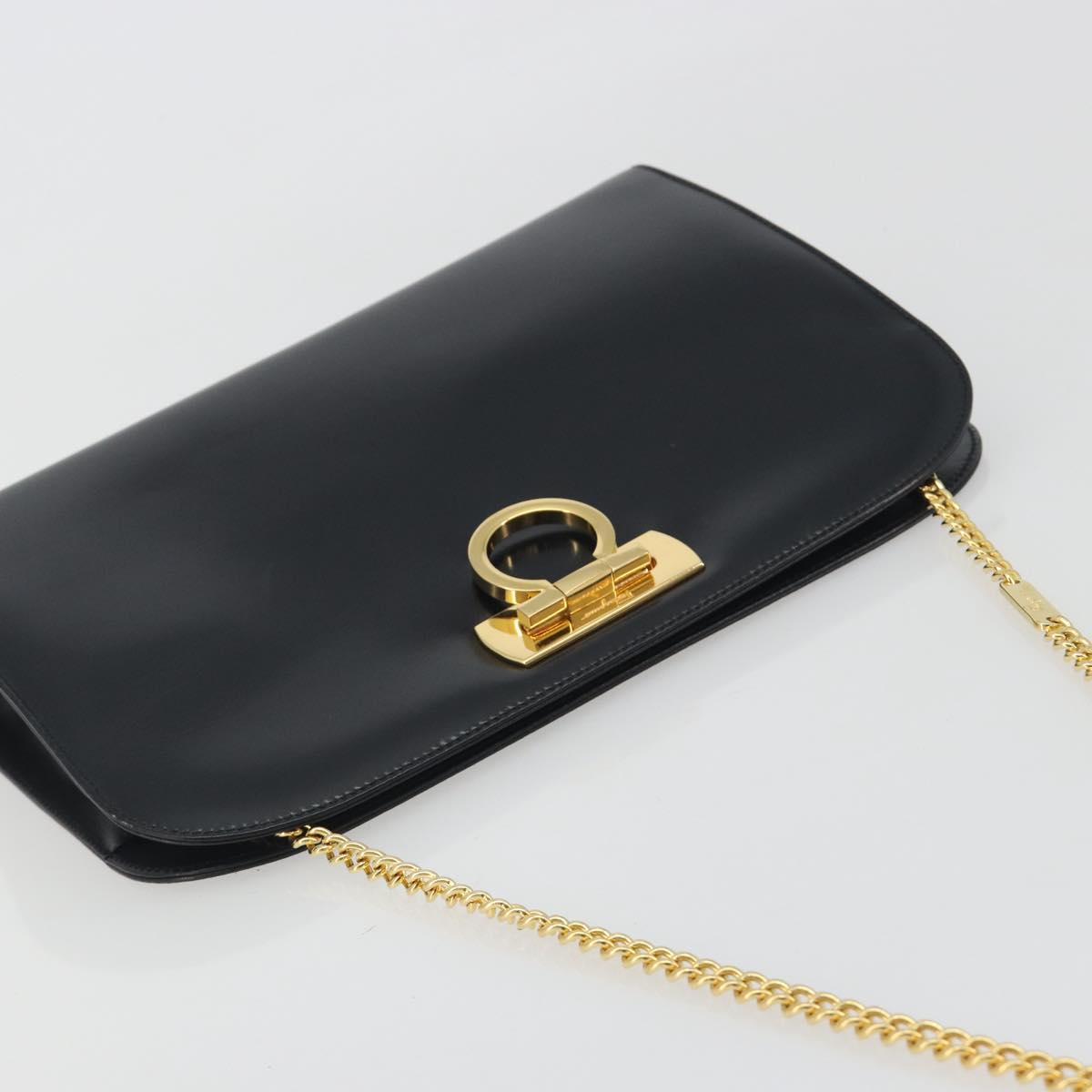 Salvatore Ferragamo Gancini Chain Shoulder Bag Leather Black Gold Auth 195422
