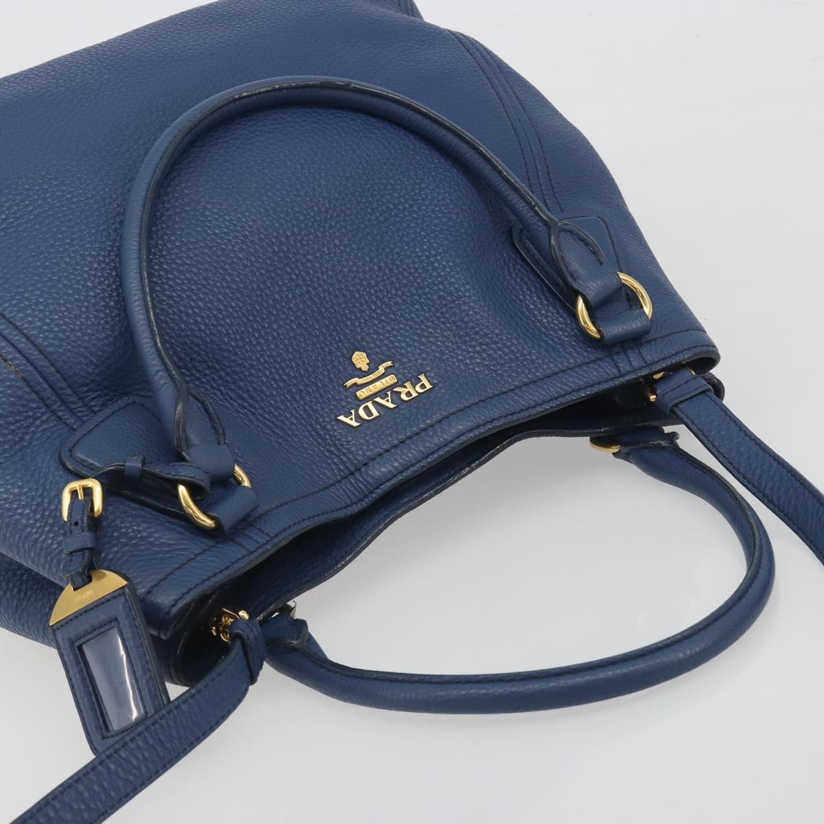 PRADA Hand Bag Leather 2way Blue Gold Tone Auth 195424V