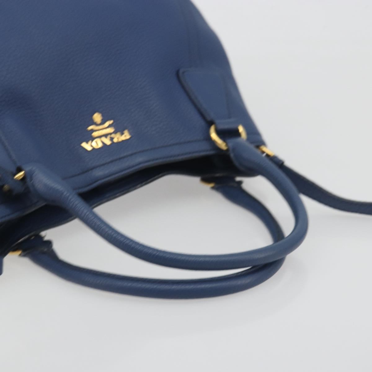 PRADA Hand Bag Leather 2way Blue Gold Tone Auth 195424V
