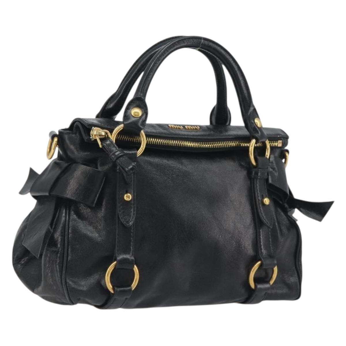 Miu Miu Hand Bag Leather Black Gold Tone Auth 195427