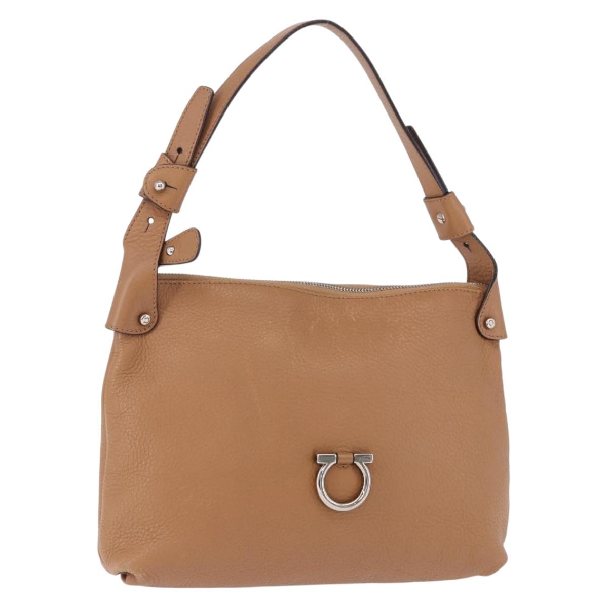 Salvatore Ferragamo Gancini Shoulder Bag Leather Beige Silver Auth 195431A