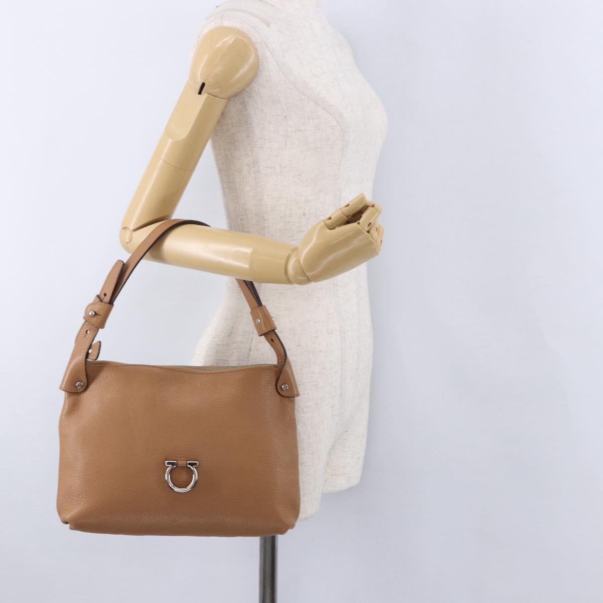 Salvatore Ferragamo Gancini Shoulder Bag Leather Beige Silver Auth 195431A