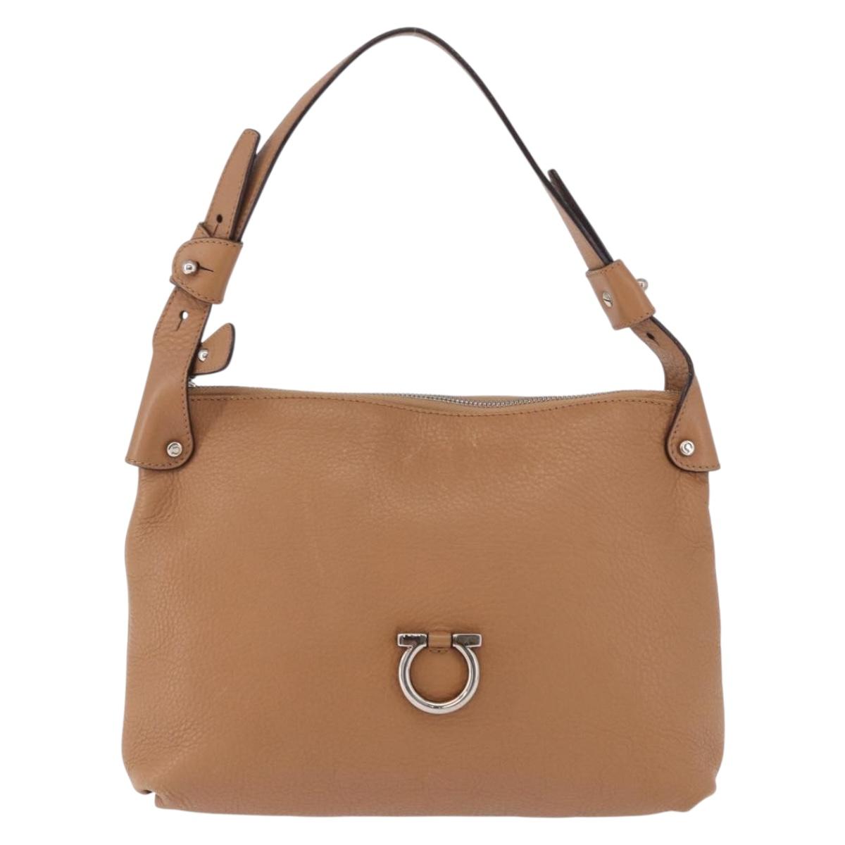 Salvatore Ferragamo Gancini Shoulder Bag Leather Beige Silver Auth 195431A