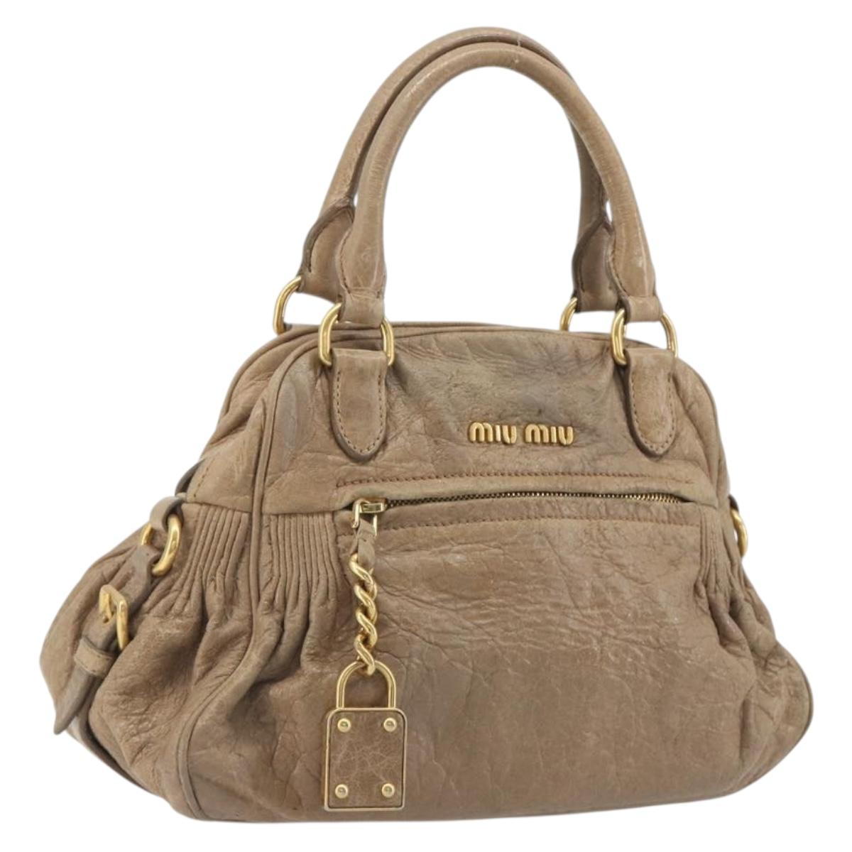 Miu Miu Hand Bag Leather Beige Gold Tone Auth 195433