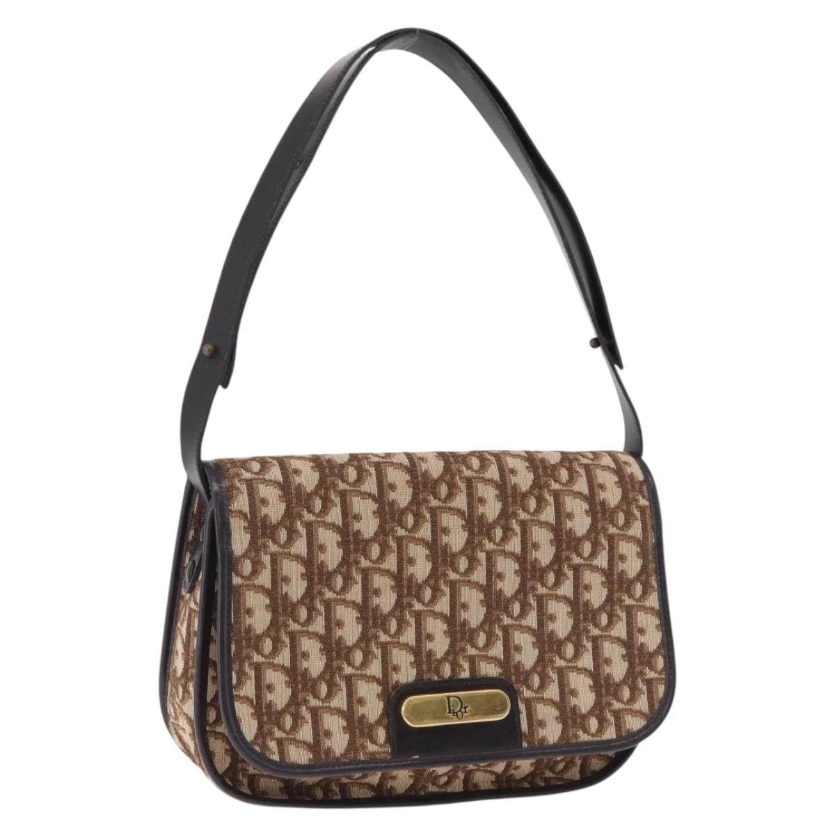Christian Dior Trotter Canvas Shoulder Bag Beige Gold Tone Auth 195442A