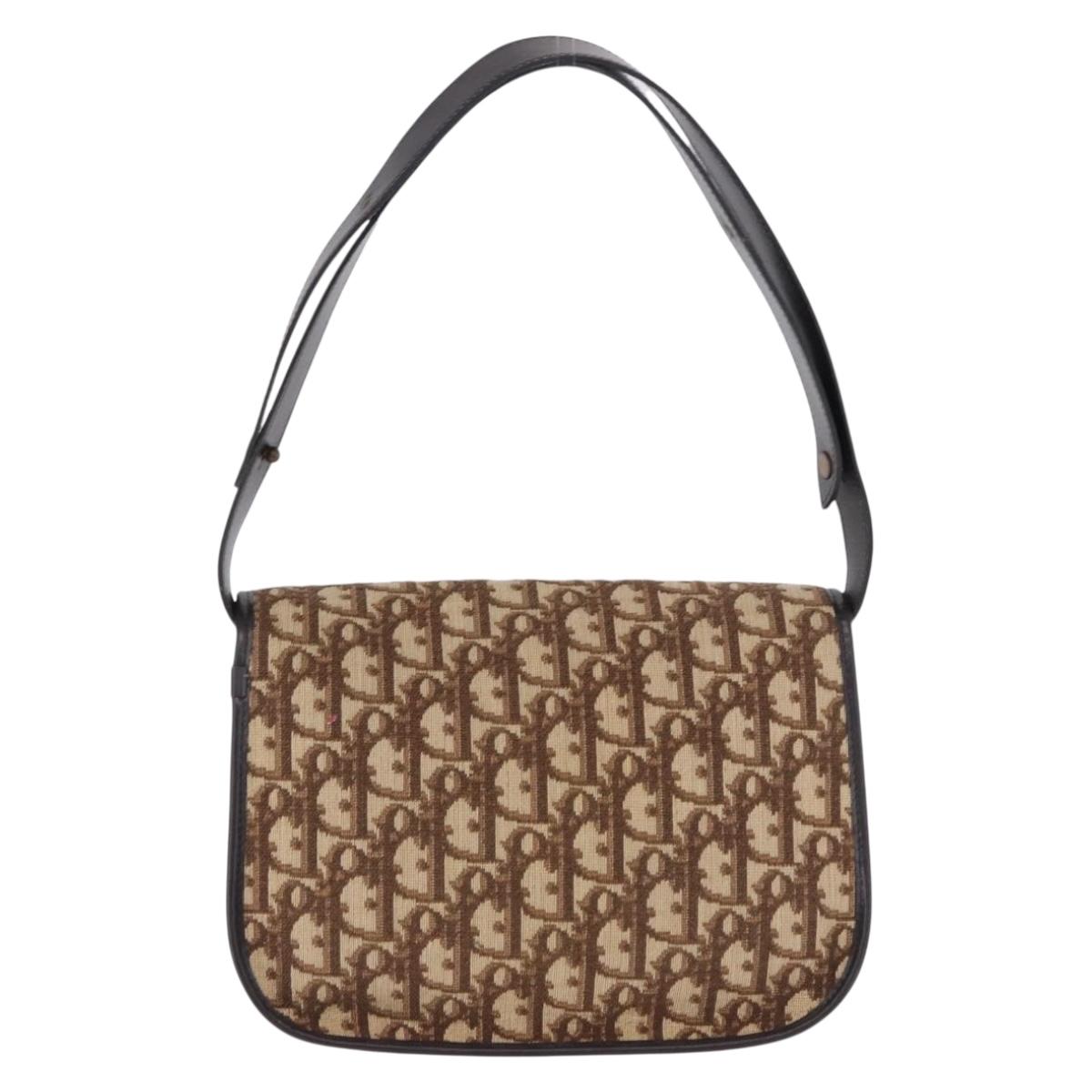 Christian Dior Trotter Canvas Shoulder Bag Beige Gold Tone Auth 195442A