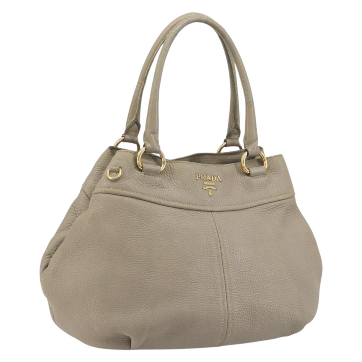 PRADA Hand Bag Leather Beige Gold Tone Auth 195487