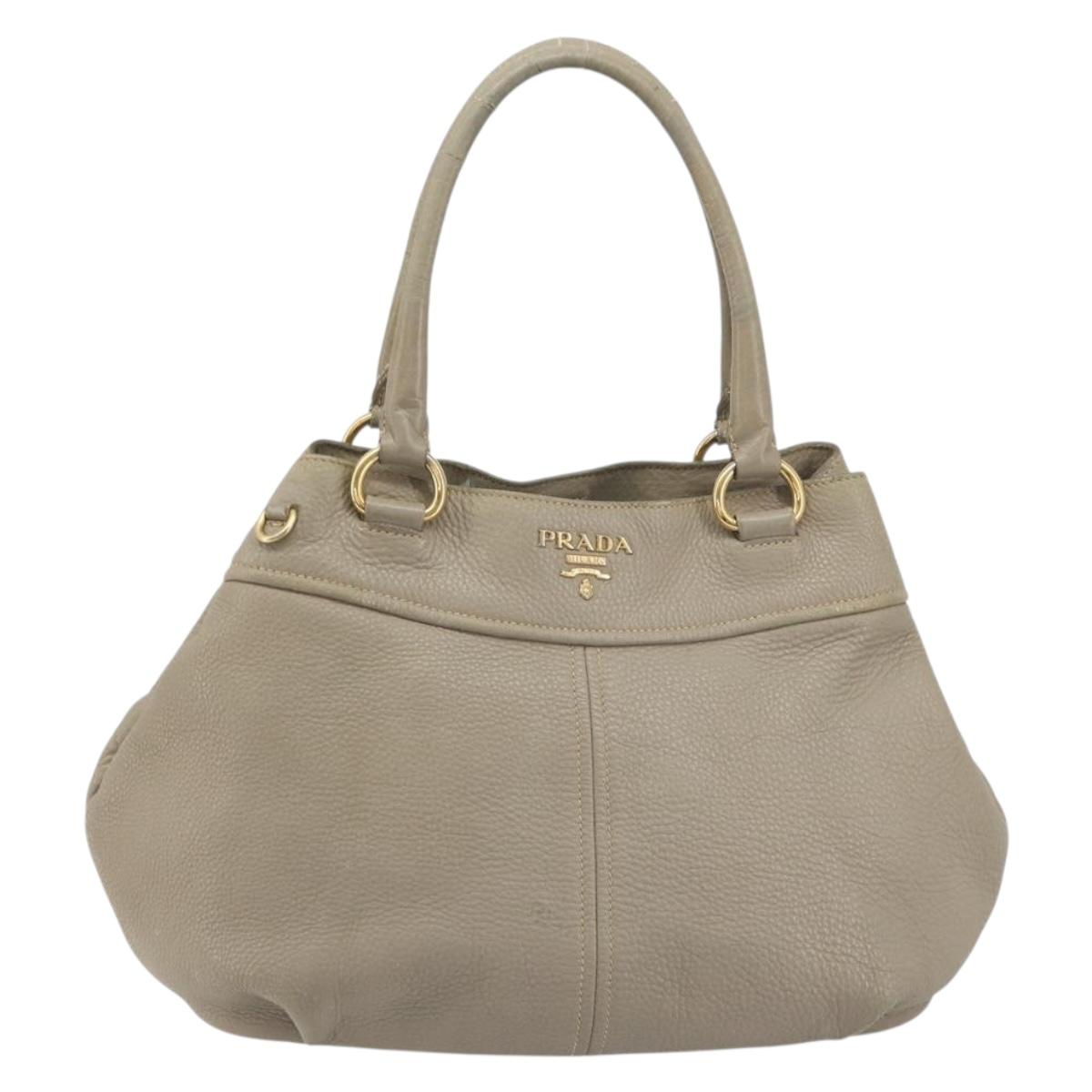 PRADA Hand Bag Leather Beige Gold Tone Auth 195487