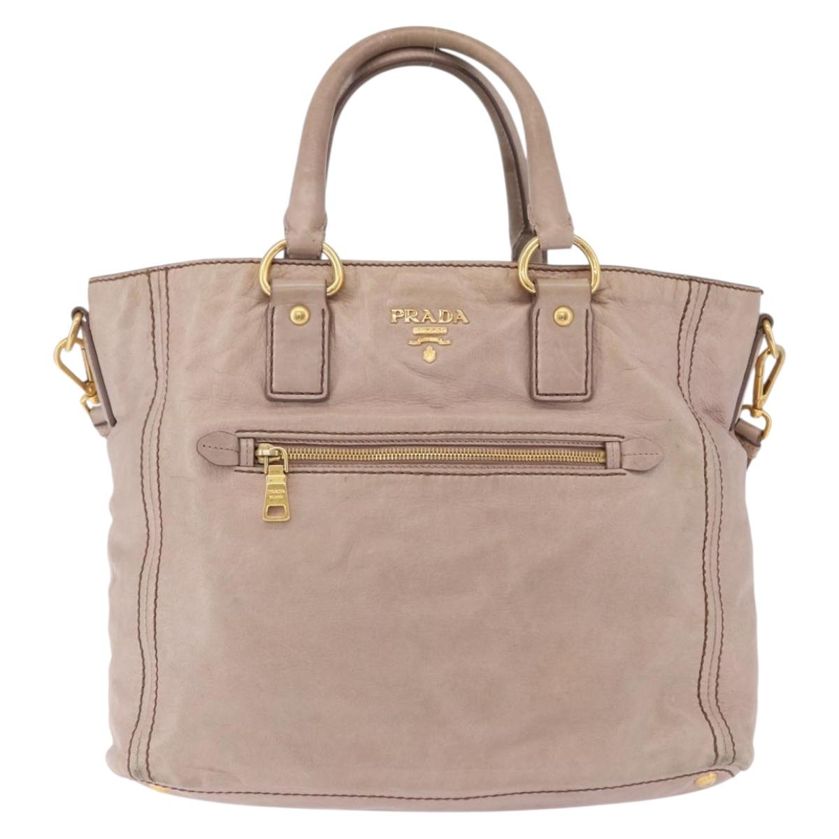 PRADA Hand Bag Leather 2way Beige Gold Tone Auth 195488