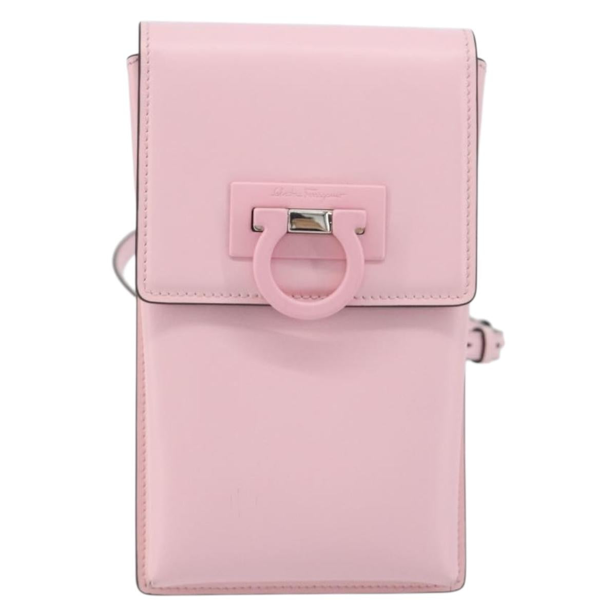 Salvatore Ferragamo Gancini Shoulder Bag Leather Pink Silver Auth 195490A
