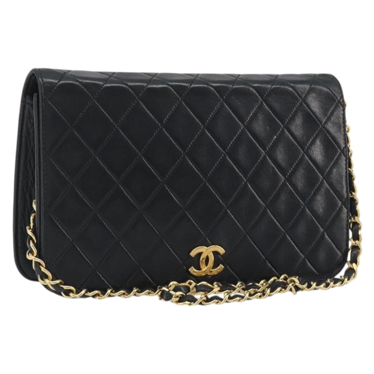 CHANEL Matelasse Chain Shoulder Bag Lamb Skin Black Gold Tone CC Auth 195492