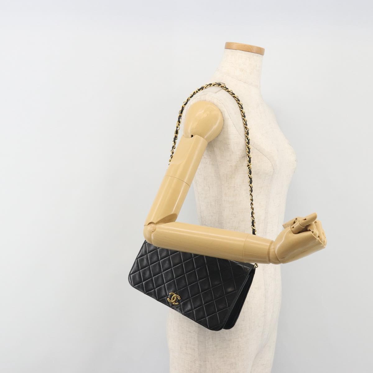 CHANEL Matelasse Chain Shoulder Bag Lamb Skin Black Gold Tone CC Auth 195492