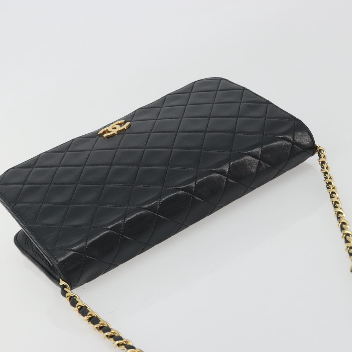 CHANEL Matelasse Chain Shoulder Bag Lamb Skin Black Gold Tone CC Auth 195492