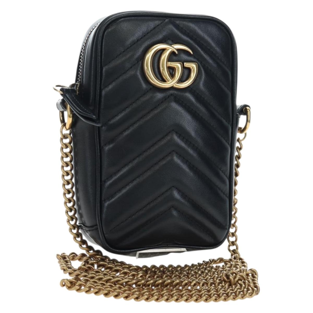 GUCCI GG Marmont Chain Shoulder Bag Leather Black Gold Tone 598597 Auth 195493V