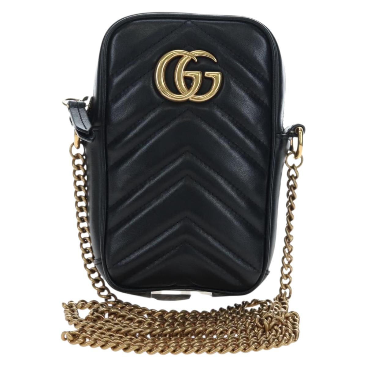 GUCCI GG Marmont Chain Shoulder Bag Leather Black Gold Tone 598597 Auth 195493V