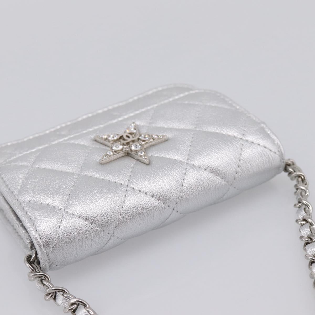 CHANEL Chain Shoulder Pouch Matelasse Leather Silver CC Auth 195507M