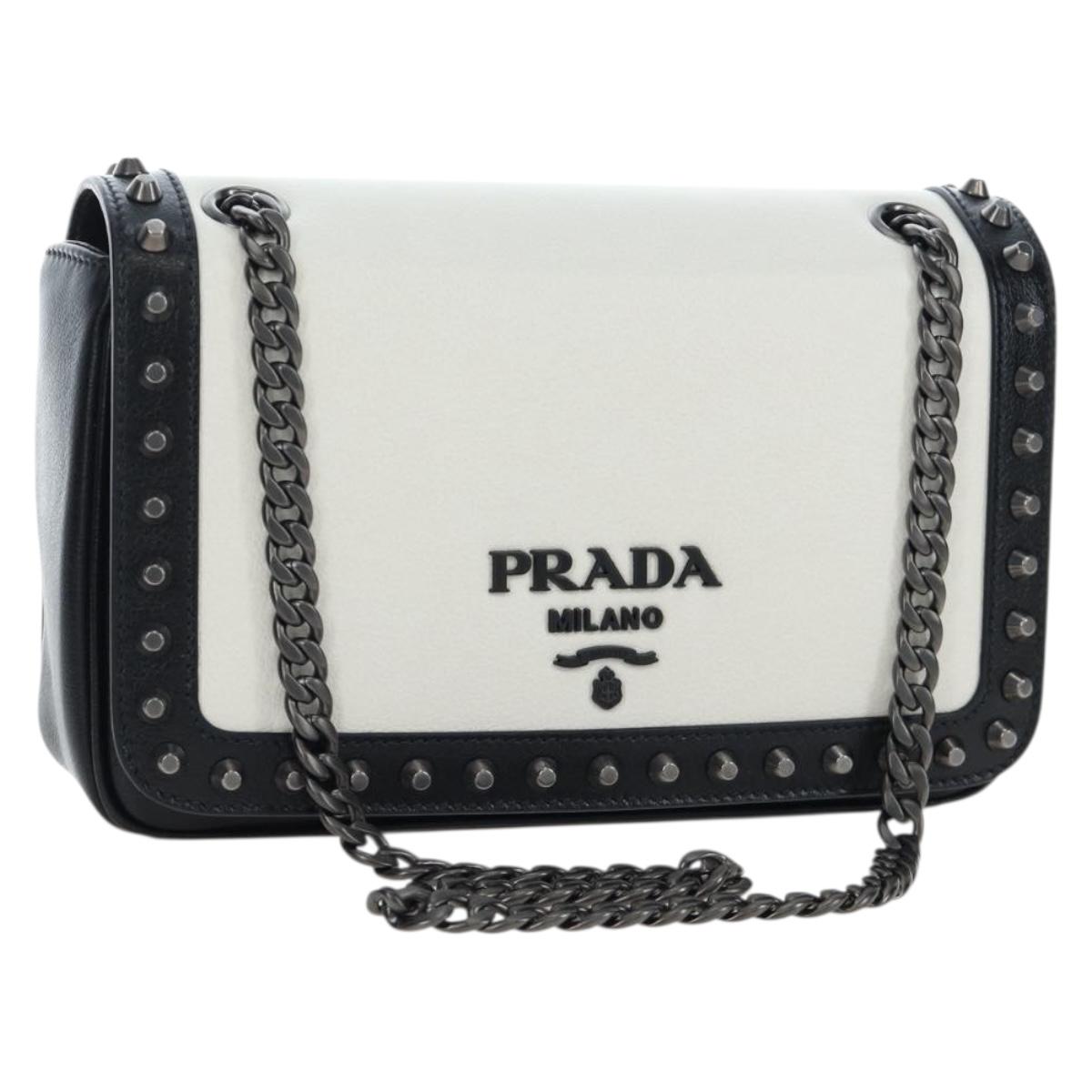 PRADA Chain Shoulder Bag Leather White Silver Auth 195508V