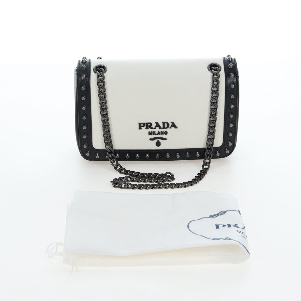 PRADA Chain Shoulder Bag Leather White Silver Auth 195508V