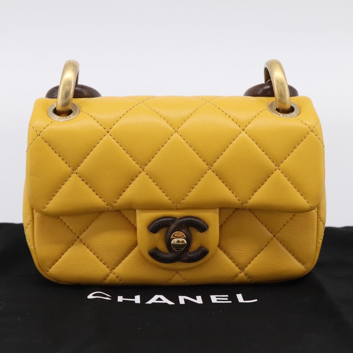 CHANEL Mini Matelasse 17 Chain Bag Lamb Skin Yellow Gold CC Auth 195513SAM