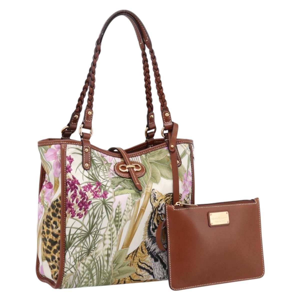 Salvatore Ferragamo Gancini Reversible Tote Bag Nylon Beige Gold Auth 195514A