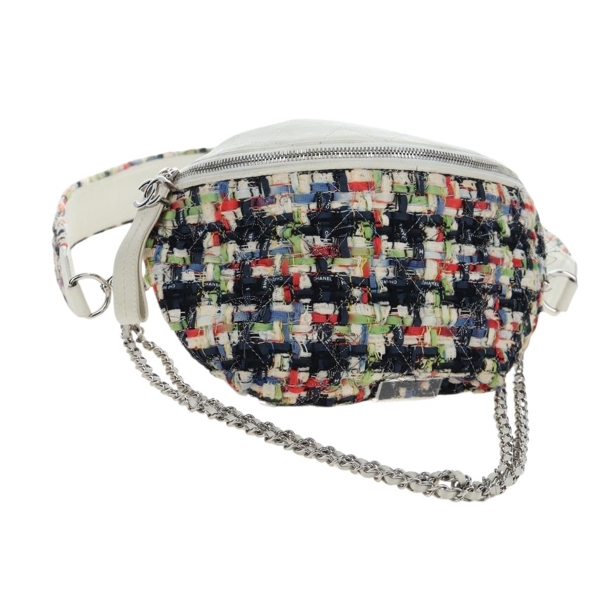 CHANEL Chain Matelasse Shoulder Bag tweed White Silver CC Auth 195515M
