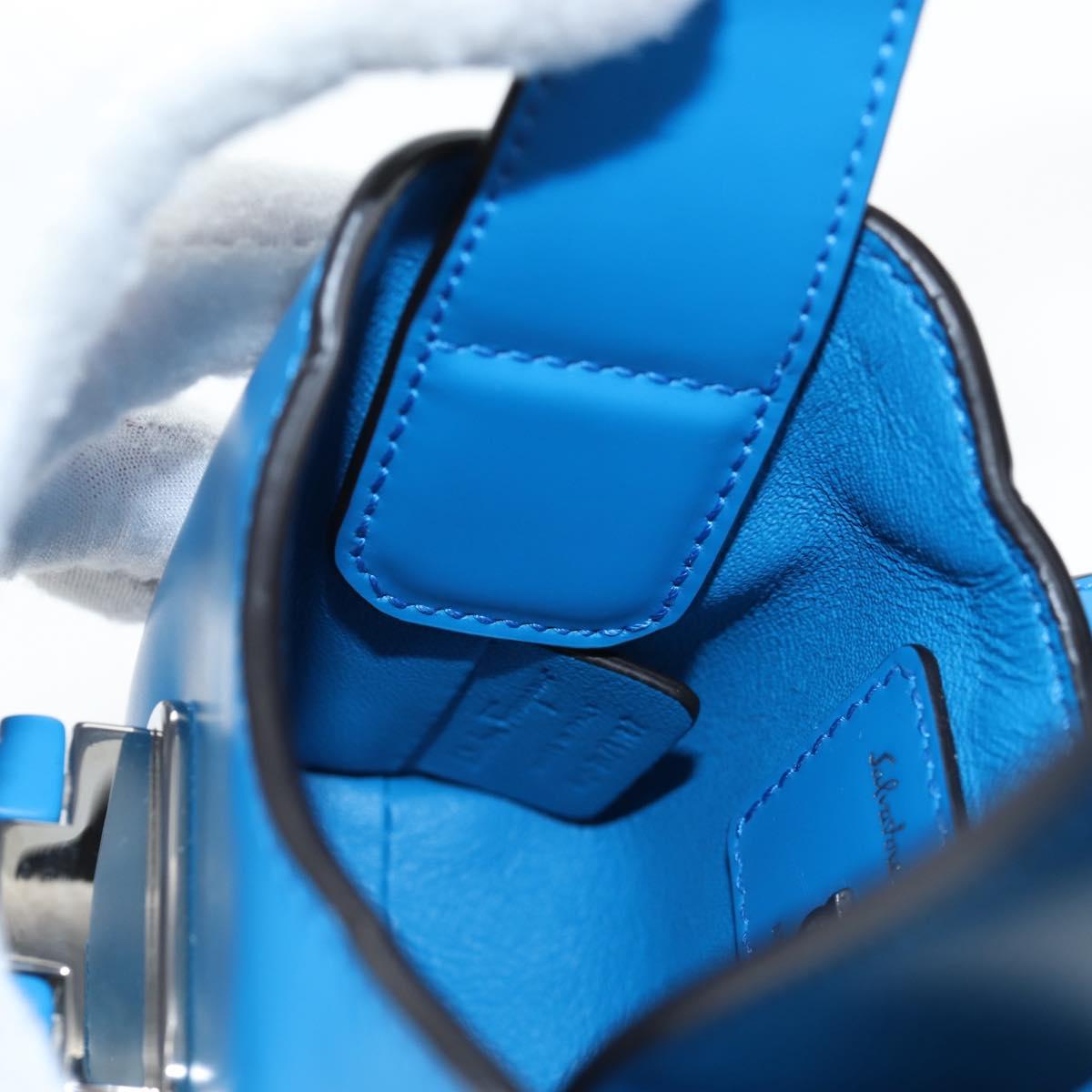 Salvatore Ferragamo Gancini Hand Pouch Leather Blue Silver Auth 195518M