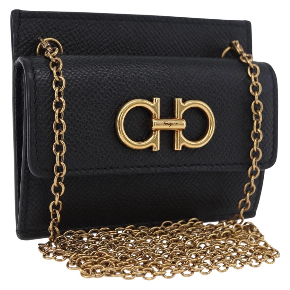 Salvatore Ferragamo Gancini Chain Card Case Leather Black Gold Auth 195519M