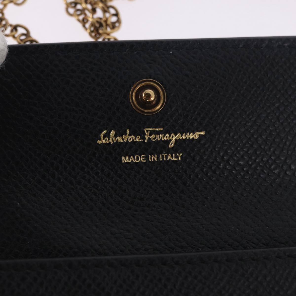 Salvatore Ferragamo Gancini Chain Card Case Leather Black Gold Auth 195519M