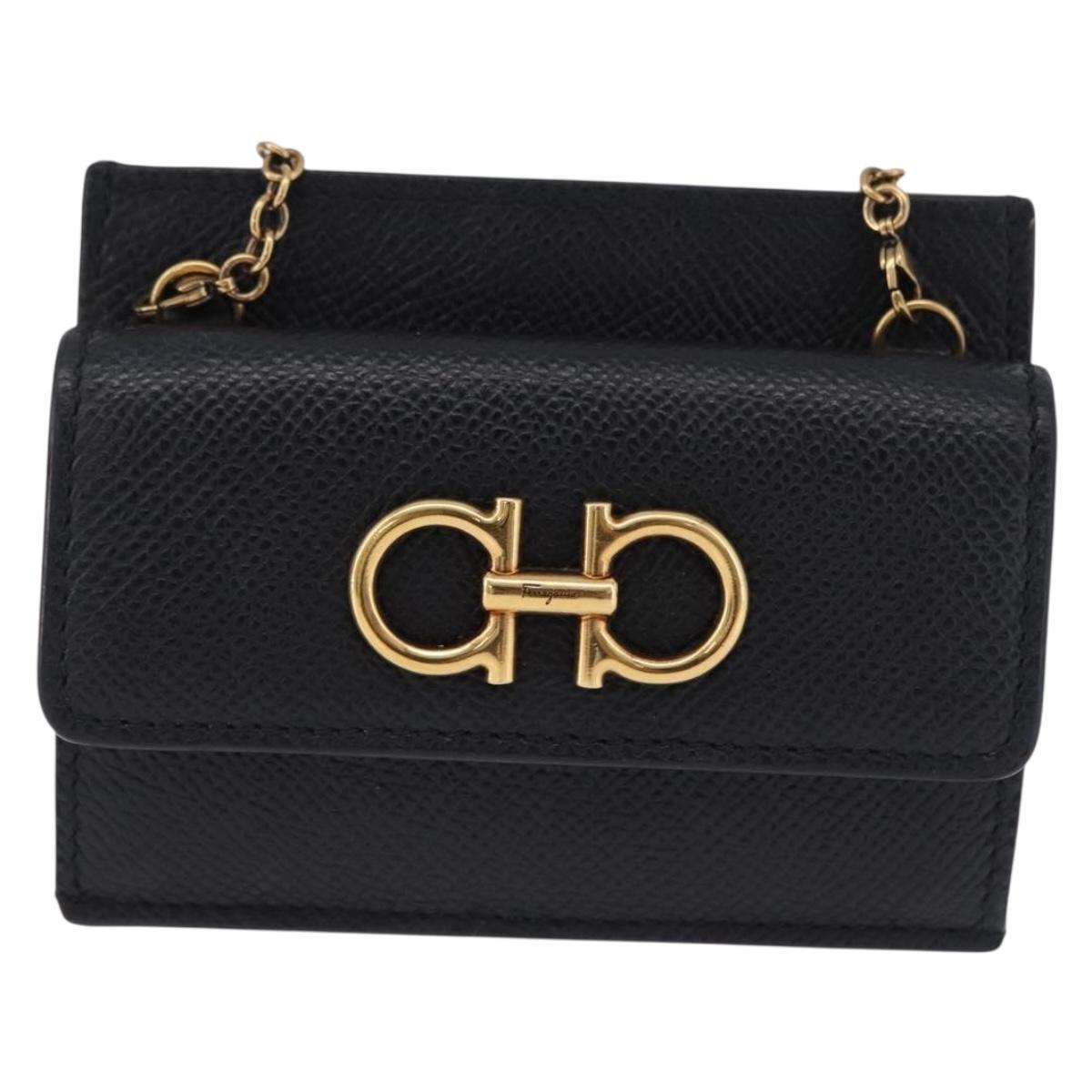 Salvatore Ferragamo Gancini Chain Card Case Leather Black Gold Auth 195519M