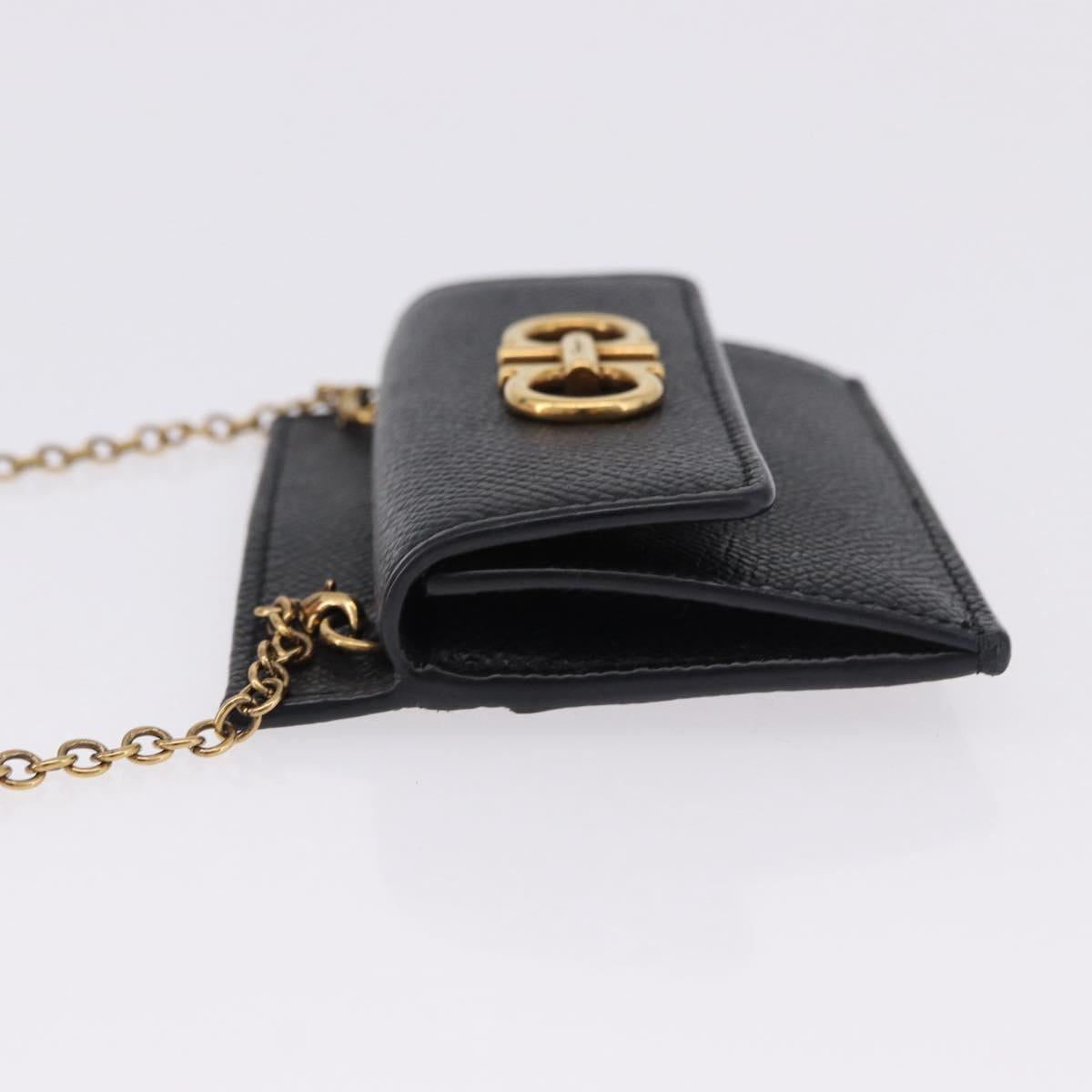 Salvatore Ferragamo Gancini Chain Card Case Leather Black Gold Auth 195519M