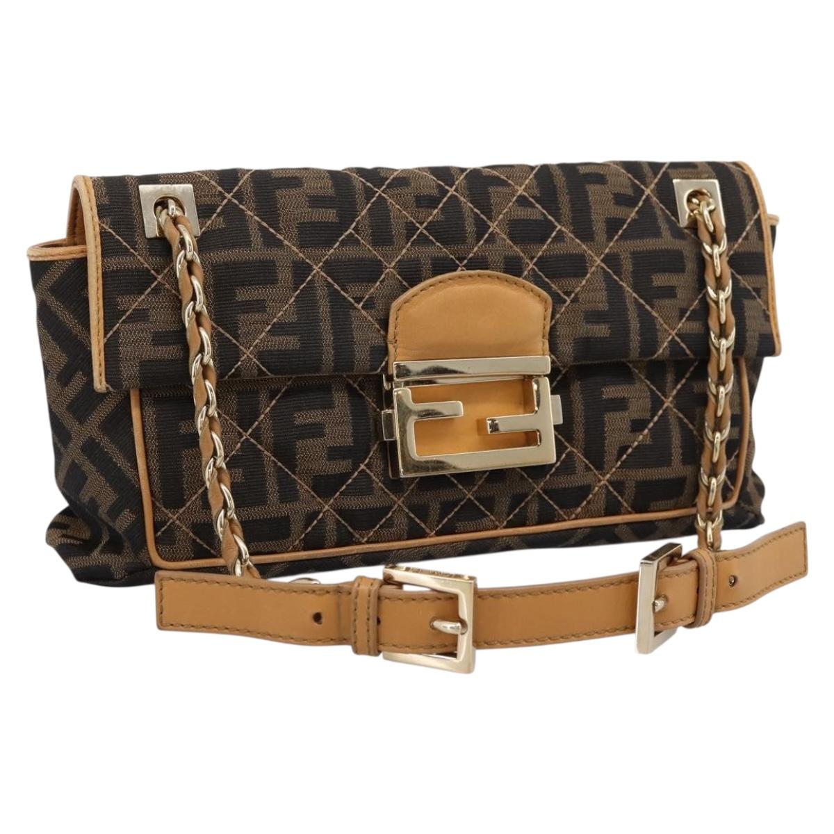 FENDI Zucca Canvas Chain Shoulder Bag Black Brown Auth 195522V