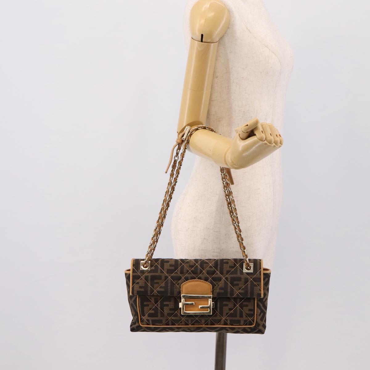 FENDI Zucca Canvas Chain Shoulder Bag Black Brown Auth 195522V