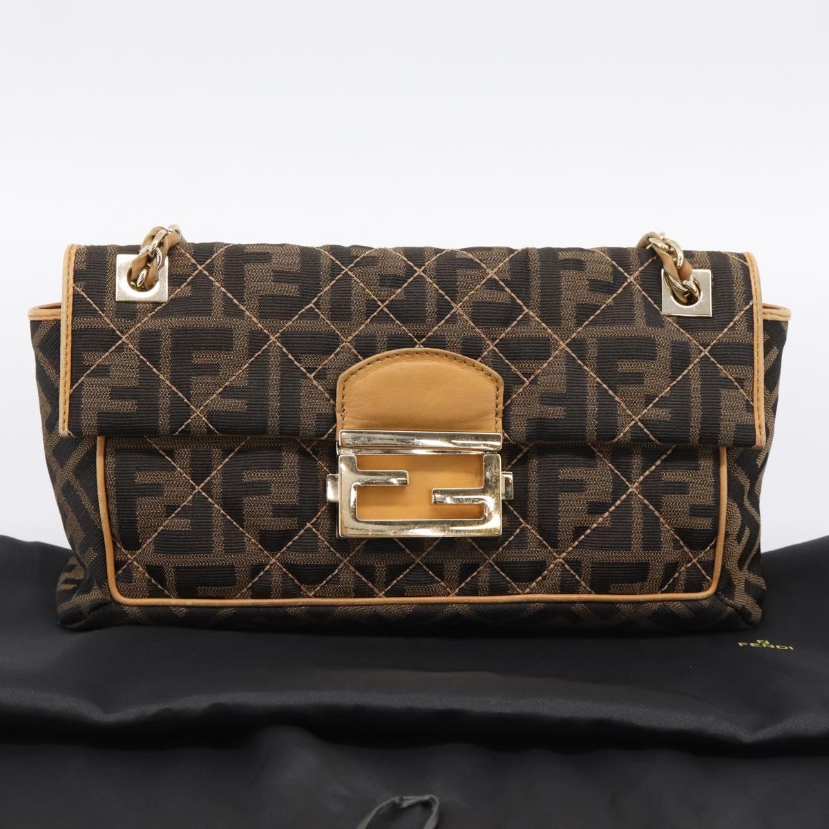 FENDI Zucca Canvas Chain Shoulder Bag Black Brown Auth 195522V