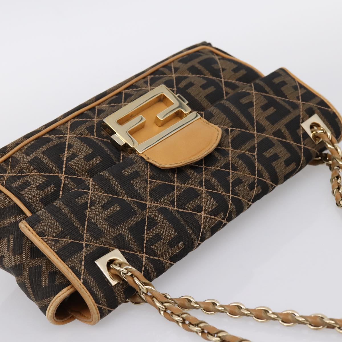 FENDI Zucca Canvas Chain Shoulder Bag Black Brown Auth 195522V
