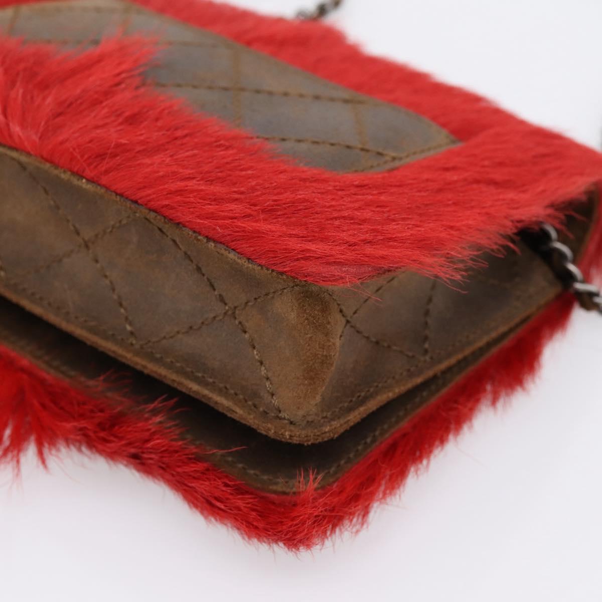 CHANEL Matelasse Chain Shoulder Bag fur Red Silver CC Auth 195526SAM
