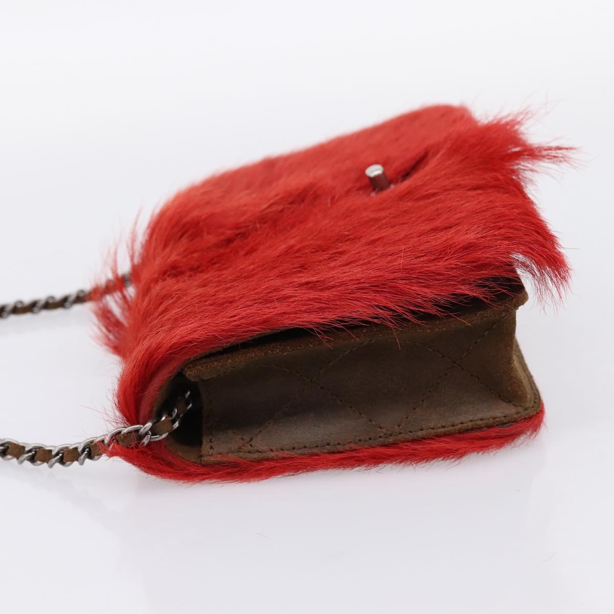 CHANEL Matelasse Chain Shoulder Bag fur Red Silver CC Auth 195526SAM
