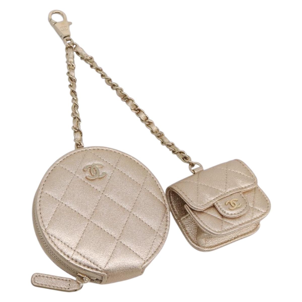 CHANEL Matelasse Pouch Lamb Skin Champagne Gold CC Auth 195534M