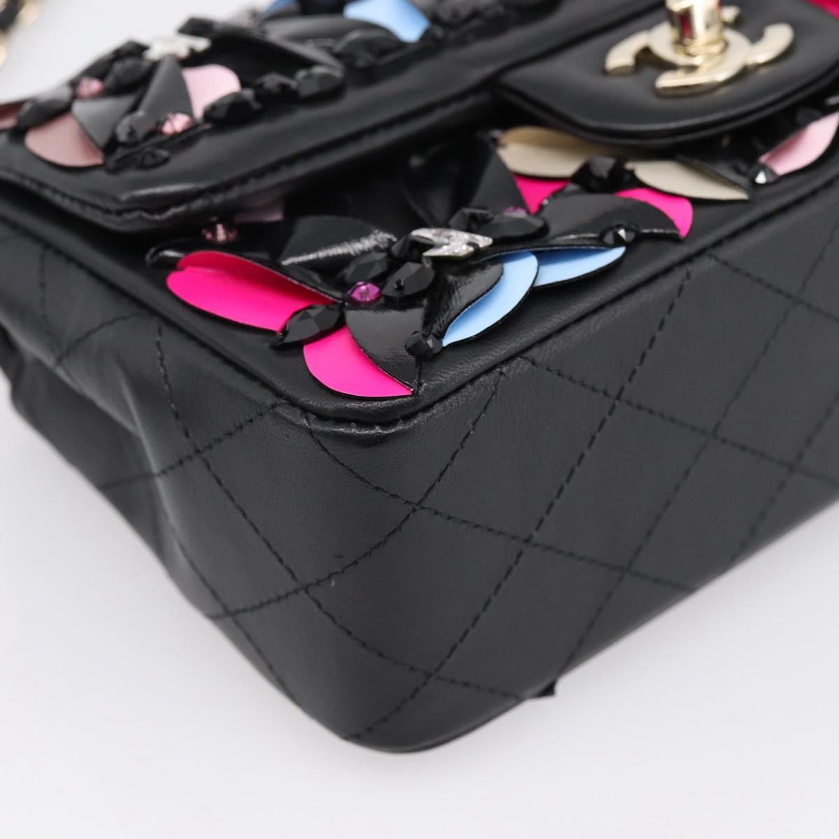 CHANEL Mini Matelasse 20 Chain Bag Lamb Skin Black Gold CC Auth 195535SM