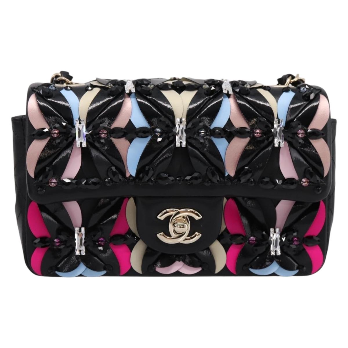 CHANEL Mini Matelasse 20 Chain Bag Lamb Skin Black Gold CC Auth 195535SM