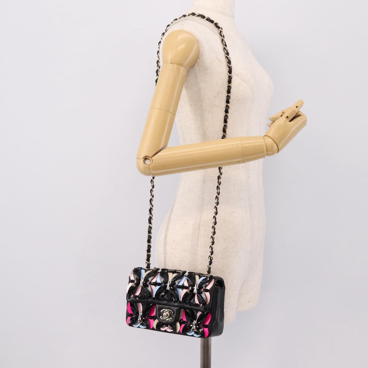 CHANEL Mini Matelasse 20 Chain Bag Lamb Skin Black Gold CC Auth 195535SM