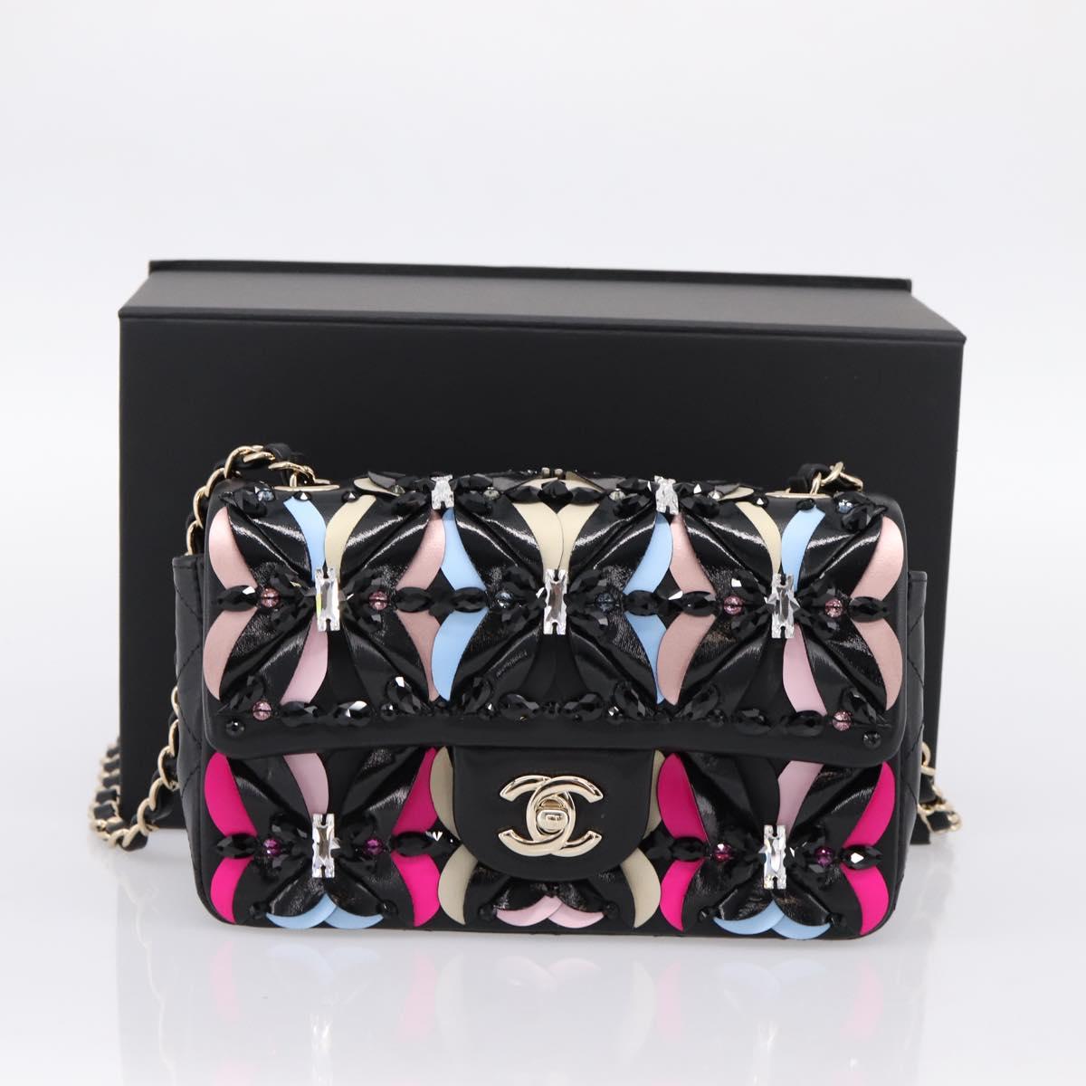 CHANEL Mini Matelasse 20 Chain Bag Lamb Skin Black Gold CC Auth 195535SM