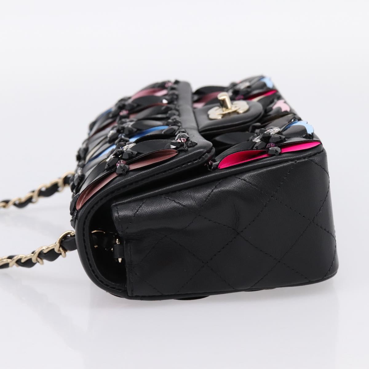 CHANEL Mini Matelasse 20 Chain Bag Lamb Skin Black Gold CC Auth 195535SM