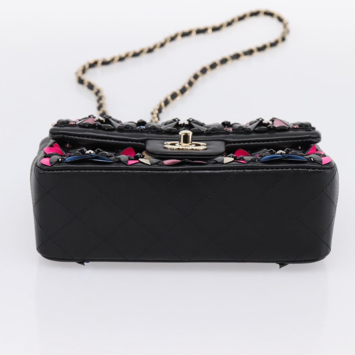 CHANEL Mini Matelasse 20 Chain Bag Lamb Skin Black Gold CC Auth 195535SM